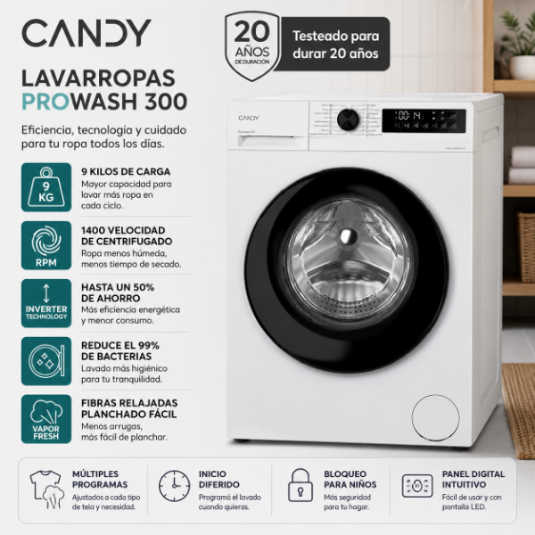 LAVARROPAS AUTOMÁTICO 9 KG CANDY PROWASH 300