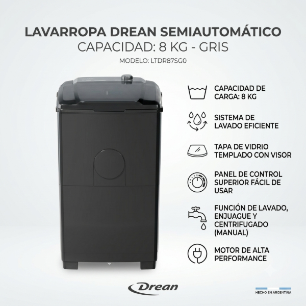 LAVARROPA DREAN SEMIAUTOMÁTICO 8 Kg -GRIS-LTDR87SG0 (ENJUAGA Y DESAGOTA)