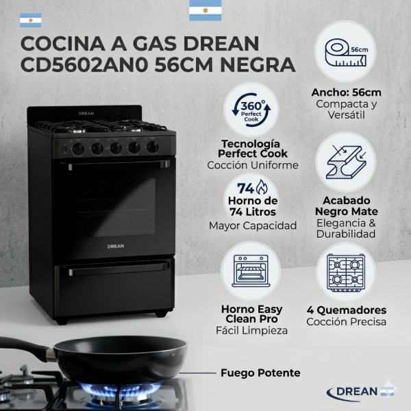 COCINA A GAS DREAN CD5602AN0 56CM NEGRA