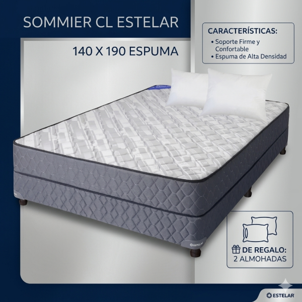 SOMMIER CL ESTELAR 140 X 190 ESPUMA + 2 ALMOHADAS